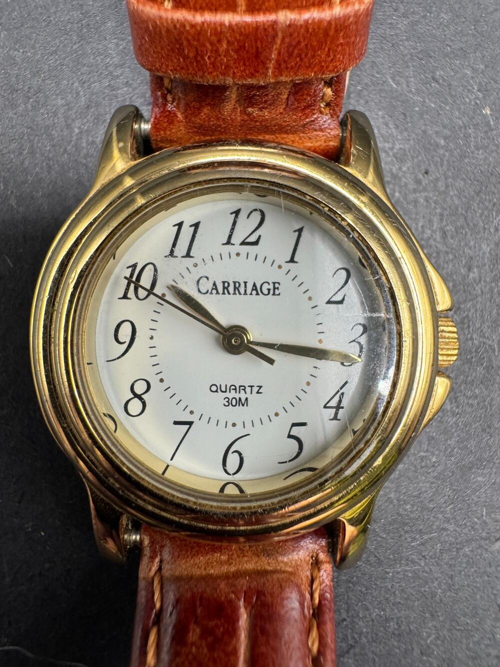 Vtg Carriage by Timex Watch Women 26MM Easy Reader Gold Tone Brown Leather